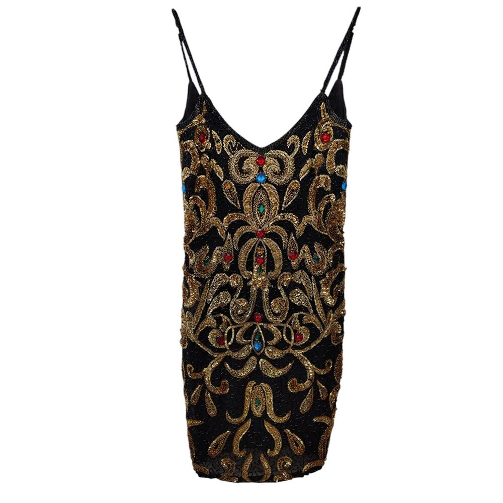 Vintage Nitelight Black Cami‎ Beaded Ornate Jewel 100% Silk Bodycon